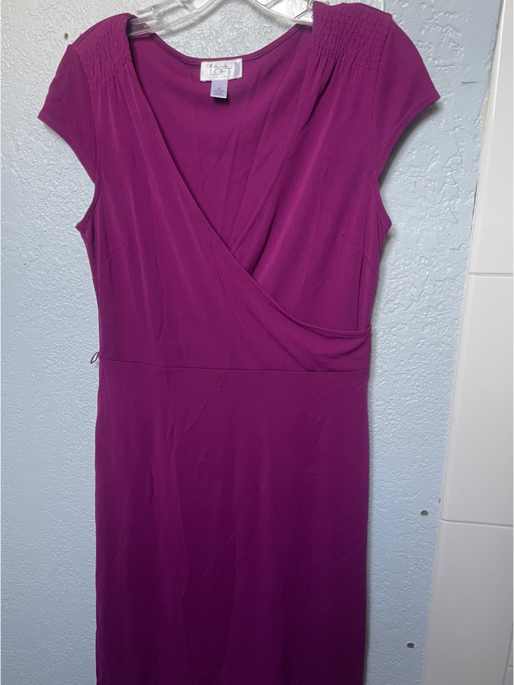 LOFT Magenta Faux-Wrap Cap Sleeve Dress